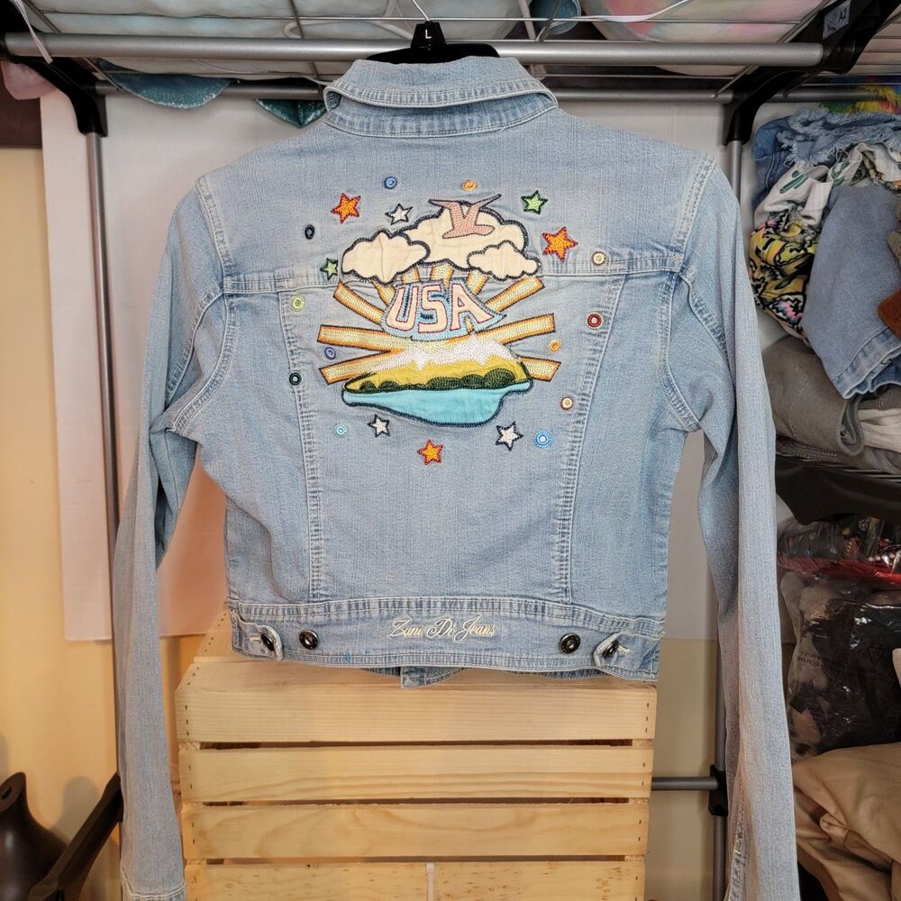 Zana Di Jeans Denim Crop Jacket Embroidered Graphics